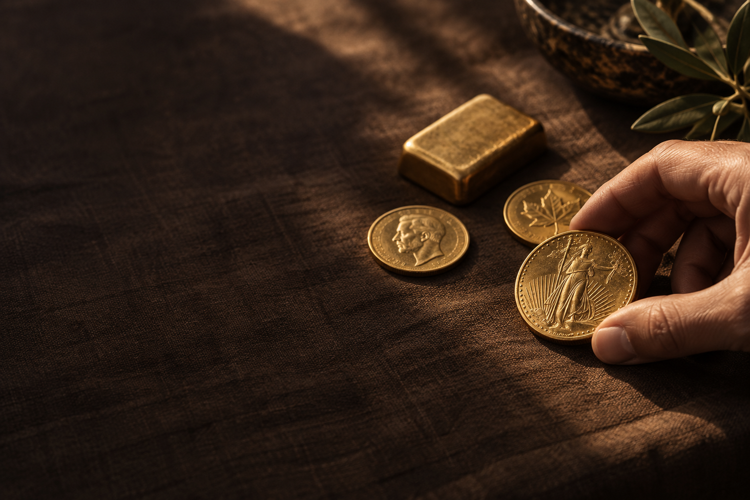 A hand examining a gold coin beside a small group of precious metals